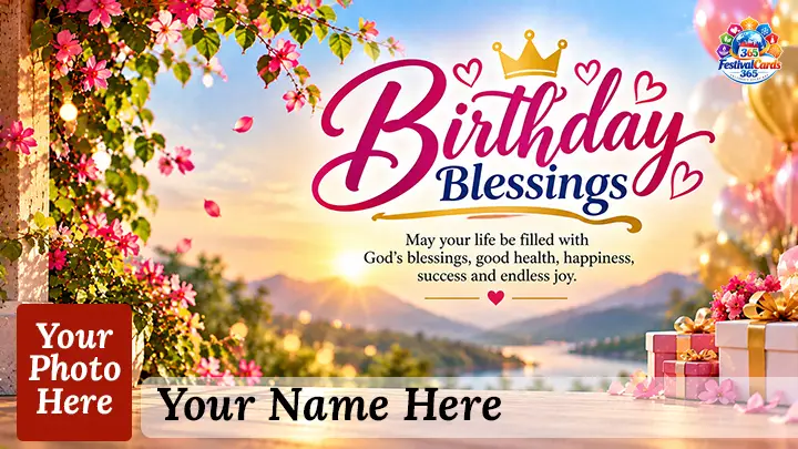 Birthday Blessings card with flowers, gifts and a mountain sunrise