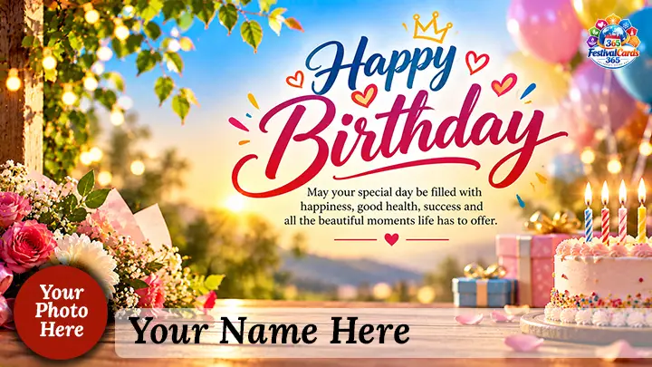 Happy Birthday wishes card with cake, balloons, flowers, name and round photo