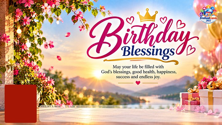 Birthday Blessings card with flowers, gifts, mountain sunrise, name and rectangle photo