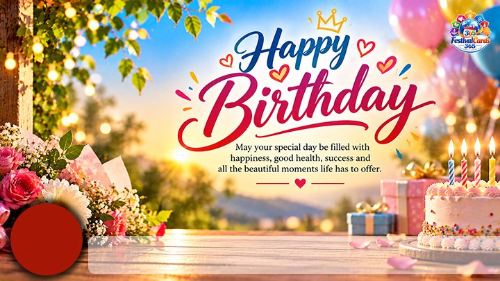 Happy Birthday wishes card with cake, balloons, flowers, name and round photo