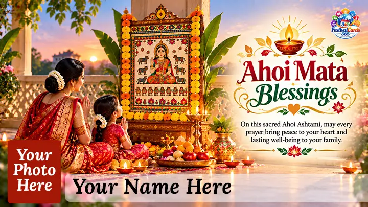 Ahoi Mata Blessings card with a mother and daughter praying before a decorated shrine, name and rectangle photo