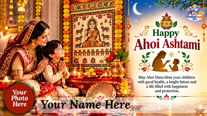 Happy Ahoi Ashtami wishes card with a mother and child praying before Ahoi Mata, name and round photo