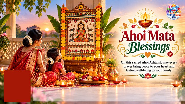 Ahoi Mata Blessings card with a mother and daughter praying before a decorated shrine, name and rectangle photo