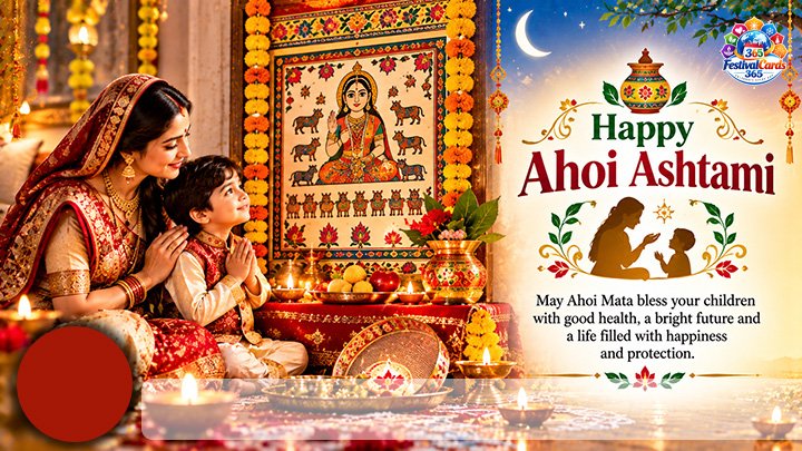 Happy Ahoi Ashtami wishes card with a mother and child praying before Ahoi Mata, name and round photo