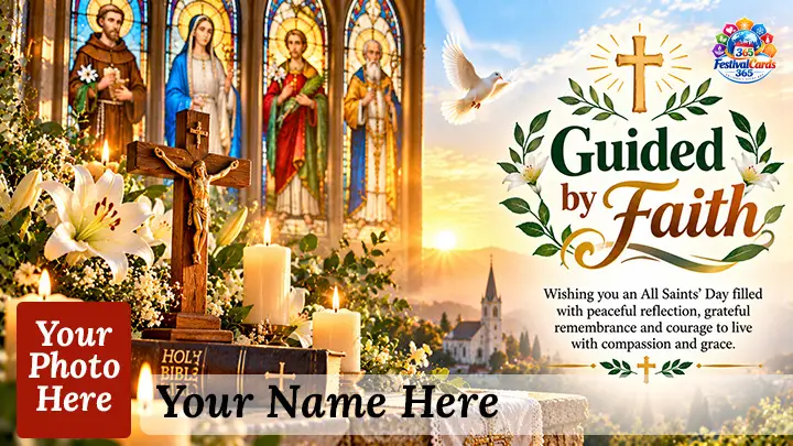 Guided by Faith All Saints' Day card with saint images, a crucifix, Bible, candles, name and rectangle photo