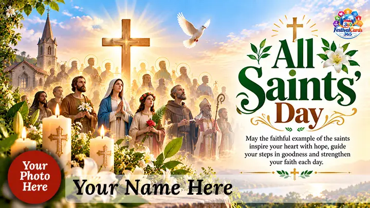 All Saints' Day wishes card with saints, Jesus, Mary, a glowing cross, lilies, name and round photo