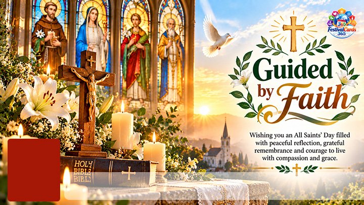 Guided by Faith All Saints' Day card with saint images, a crucifix, Bible, candles, name and rectangle photo