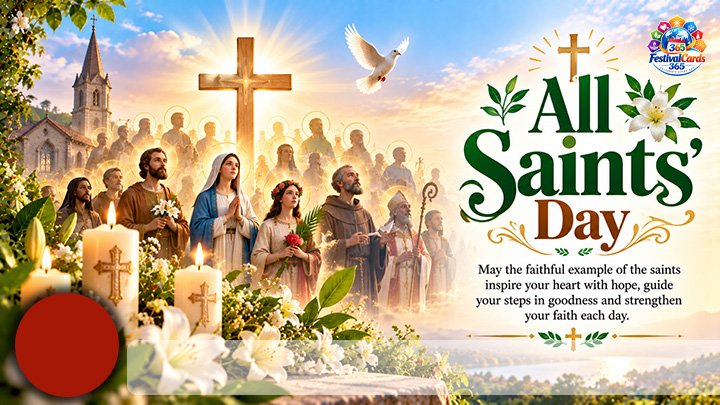 All Saints' Day wishes card with saints, Jesus, Mary, a glowing cross, lilies, name and round photo