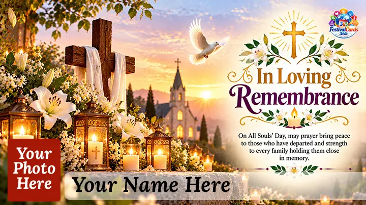 In Loving Remembrance All Souls' Day card with a cross, dove, church, lilies, candles, name and rectangle photo