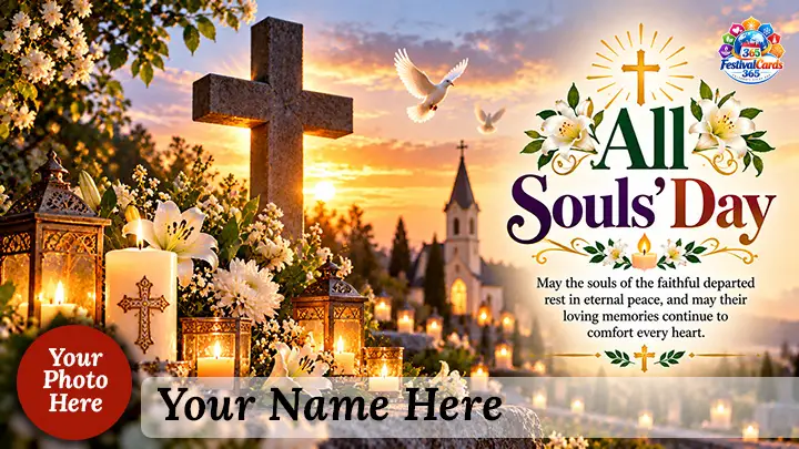 All Souls' Day card with a cross, church, lilies, memorial candles, name and round photo