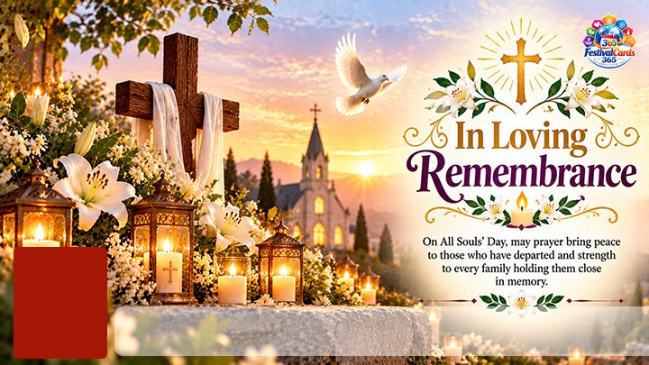 In Loving Remembrance All Souls' Day card with a cross, dove, church, lilies, candles, name and rectangle photo