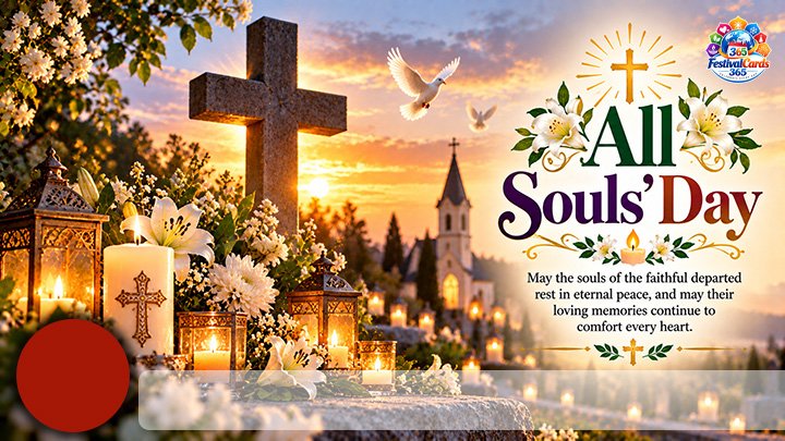 All Souls' Day card with a cross, church, lilies, memorial candles, name and round photo