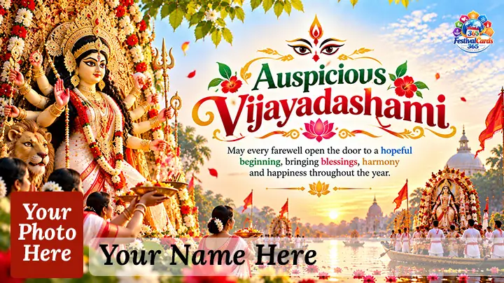 Auspicious Vijayadashami card with Goddess Durga, festive procession, name and rectangle photo