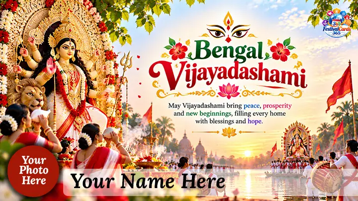 Bengal Vijayadashami wishes with Goddess Durga, immersion procession, name and round photo