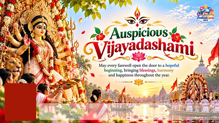 Auspicious Vijayadashami card with Goddess Durga, festive procession, name and rectangle photo
