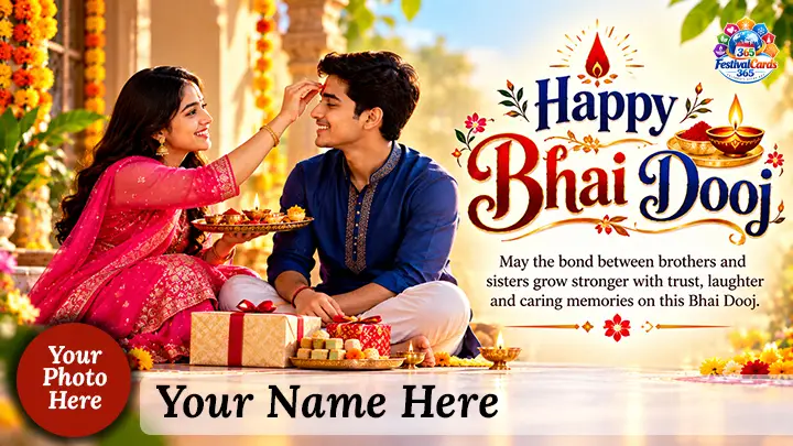 Happy Bhai Dooj wishes card with a sister applying tilak to her brother, gifts, name and round photo