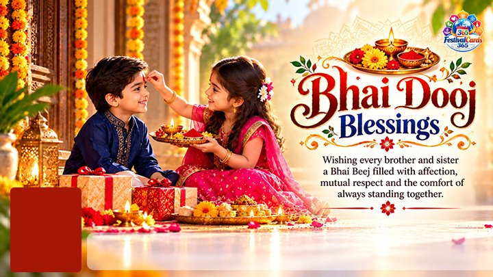 Bhai Dooj Blessings card with a sister applying tilak to her brother, festive gifts, name and rectangle photo