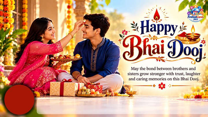 Happy Bhai Dooj wishes card with a sister applying tilak to her brother, gifts, name and round photo
