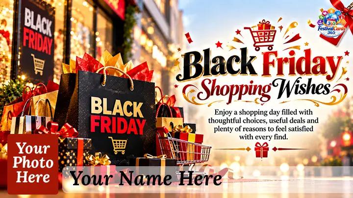 Black Friday Shopping Wishes card with shopping bags, gifts, name and rectangle photo