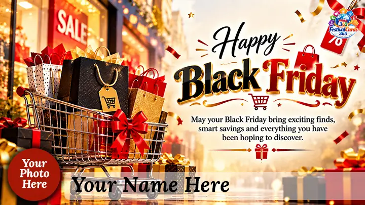 Happy Black Friday wishes card with shopping bags, gift boxes, name and round photo