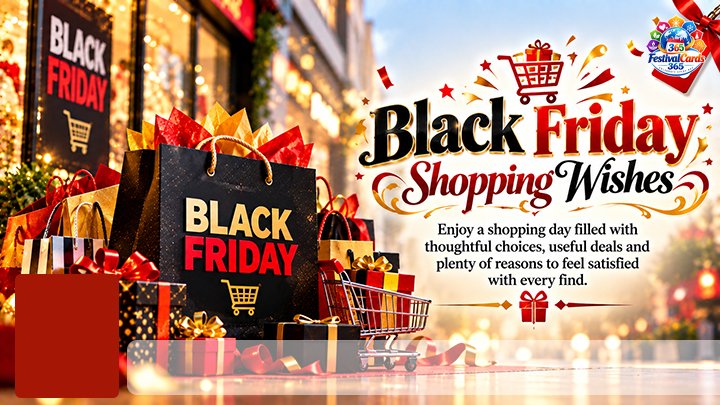 Black Friday Shopping Wishes card with shopping bags, gifts, name and rectangle photo