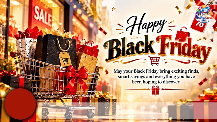 Happy Black Friday wishes card with shopping bags, gift boxes, name and round photo