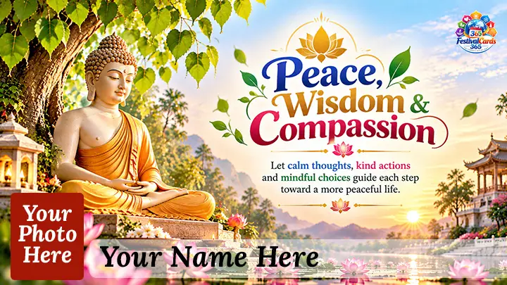 Peace Wisdom and Compassion Buddha Jayanti card with Buddha, lotus flowers, name and rectangle photo
