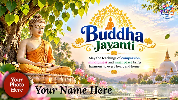 Buddha Jayanti regional wishes card with Buddha, Bodhi leaves, lotus flowers, name and round photo