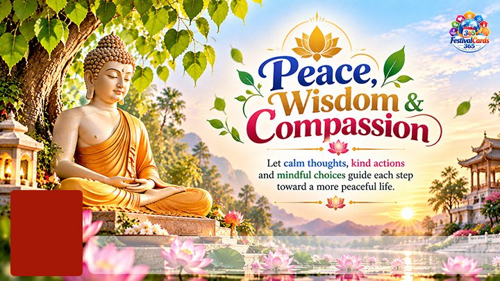 Peace Wisdom and Compassion Buddha Jayanti card with Buddha, lotus flowers, name and rectangle photo