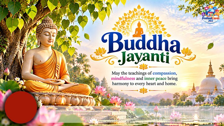 Buddha Jayanti regional wishes card with Buddha, Bodhi leaves, lotus flowers, name and round photo