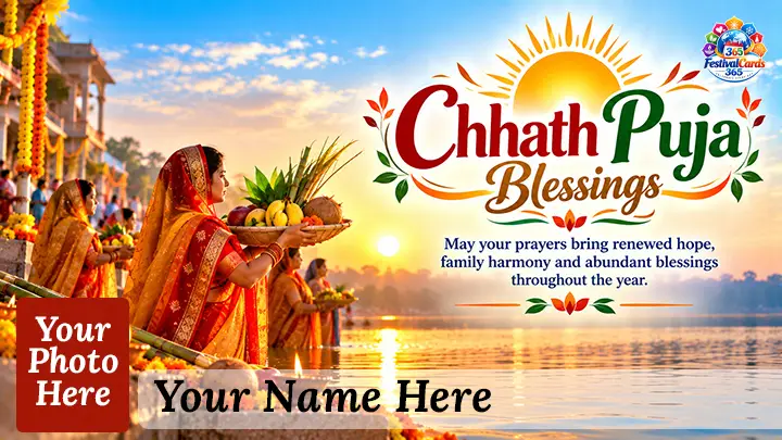 Chhath Puja Blessings card with devotees offering arghya, name and rectangle photo