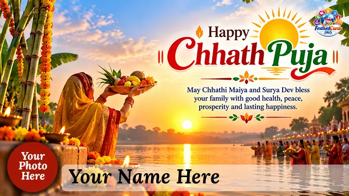 Happy Chhath Puja wishes card with Surya Dev, river offering, name and round photo