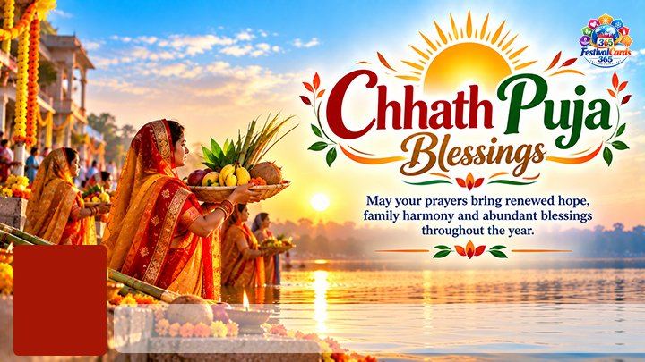 Chhath Puja Blessings card with devotees offering arghya, name and rectangle photo