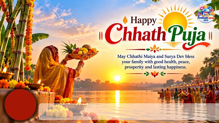 Happy Chhath Puja wishes card with Surya Dev, river offering, name and round photo