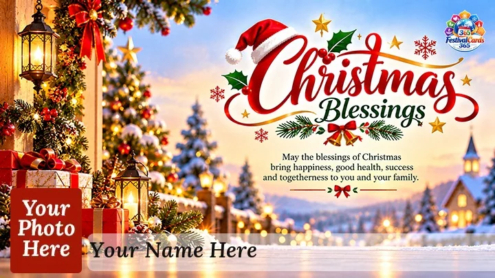 Christmas Blessings card with decorated trees, gifts, snowy village, name and rectangle photo