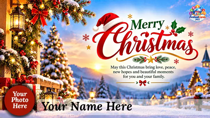 Merry Christmas wishes card with decorated tree, snowy village, name and round photo