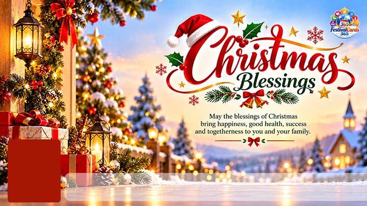 Christmas Blessings card with decorated trees, gifts, snowy village, name and rectangle photo