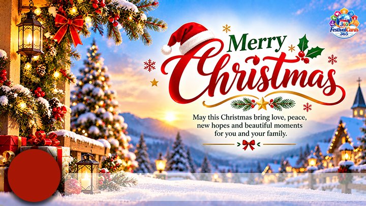 Merry Christmas wishes card with decorated tree, snowy village, name and round photo