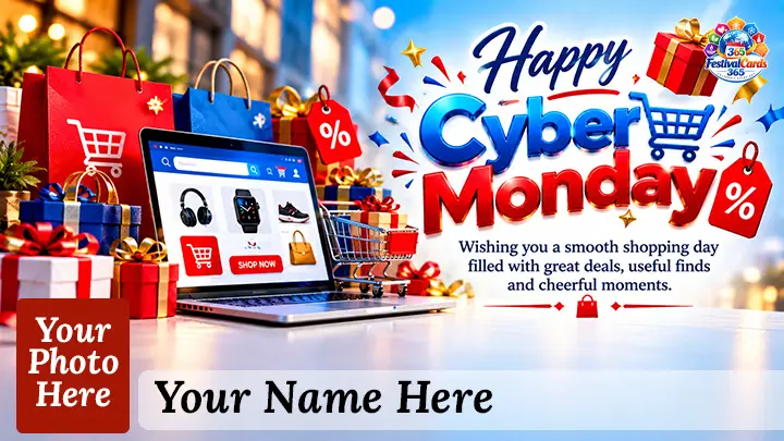 Happy Cyber Monday card with a laptop, shopping bags, gifts, name and rectangle photo