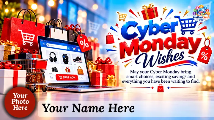 Cyber Monday Wishes card with a laptop, shopping bags, gifts, name and round photo
