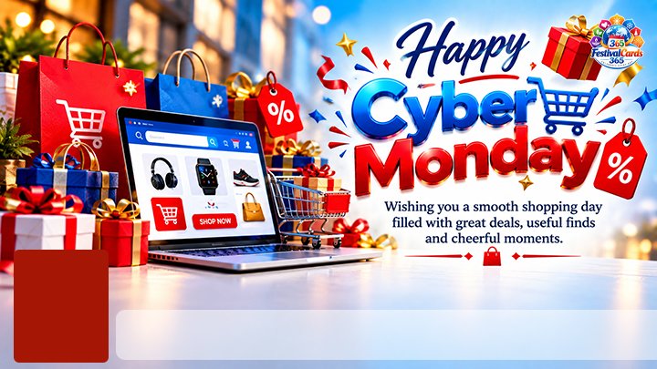 Happy Cyber Monday card with a laptop, shopping bags, gifts, name and rectangle photo