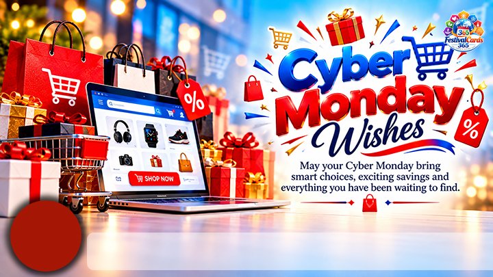 Cyber Monday Wishes card with a laptop, shopping bags, gifts, name and round photo