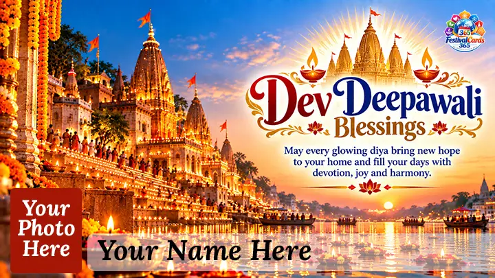 Dev Deepawali Blessings card with glowing diyas at Varanasi ghats, name and rectangle photo