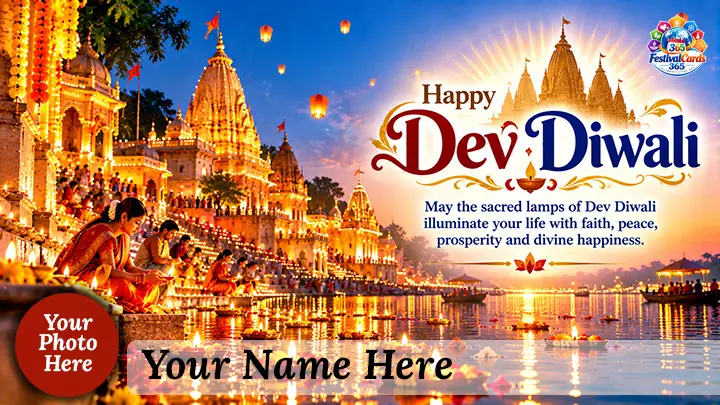 Happy Dev Diwali wishes card with illuminated Varanasi ghats, name and round photo