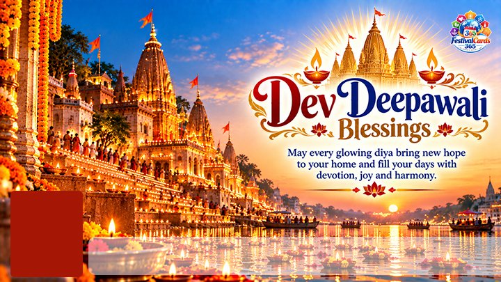 Dev Deepawali Blessings card with glowing diyas at Varanasi ghats, name and rectangle photo