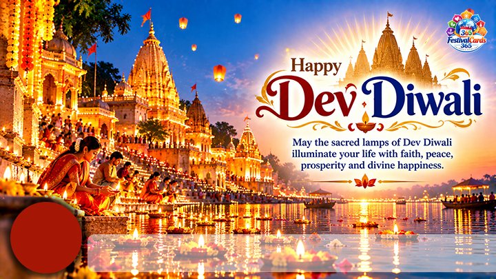 Happy Dev Diwali wishes card with illuminated Varanasi ghats, name and round photo