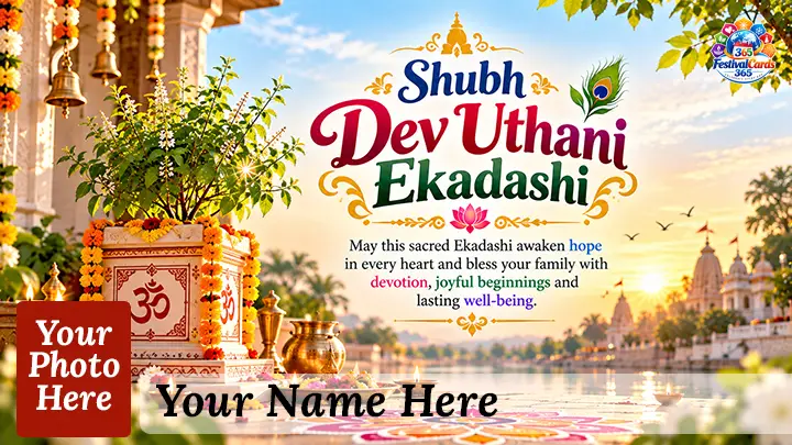 Shubh Dev Uthani Ekadashi card with decorated Tulsi plant, temple lamps, name and rectangle photo