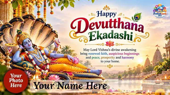 Happy Devutthana Ekadashi card with Lord Vishnu, temple lamps, name and round photo