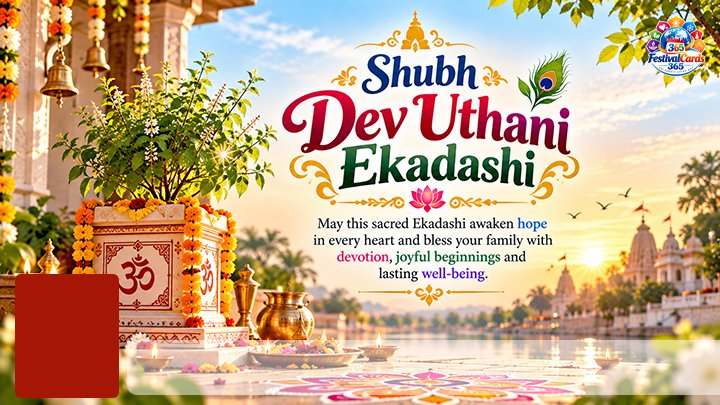 Shubh Dev Uthani Ekadashi card with decorated Tulsi plant, temple lamps, name and rectangle photo