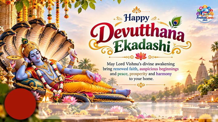 Happy Devutthana Ekadashi card with Lord Vishnu, temple lamps, name and round photo